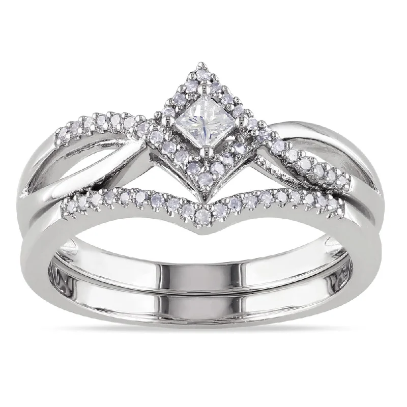 floral wedding band for women -Miadora Sterling Silver 1/4ct TDW Diamond Split Shank Halo Bridal Ring Set