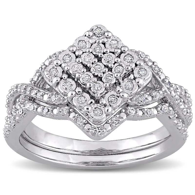 diamond band ring for women -Miadora Sterling Silver 1/4ct TDW Diamond Vintage Clustered Split Shank Bridal Ring Set