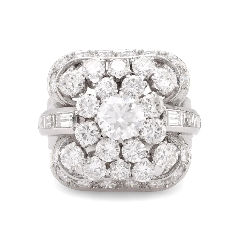 anniversary ring for women -Mid Century 6.5 carat total weight diamond platinum cocktail ring