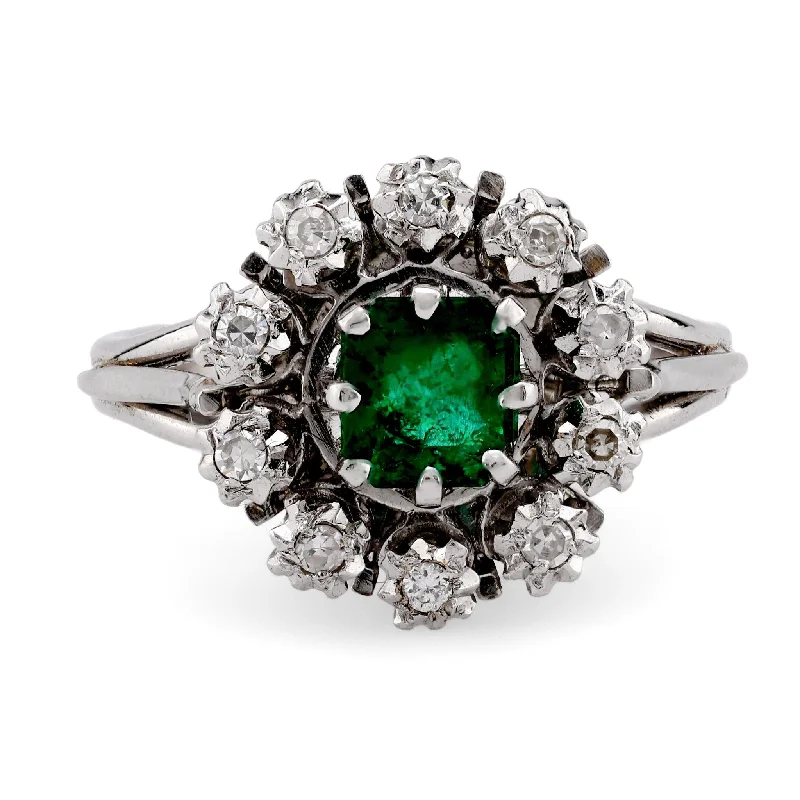 emerald wedding ring for women -Mid Century Emerald Diamond 18K White Gold Cluster Ring