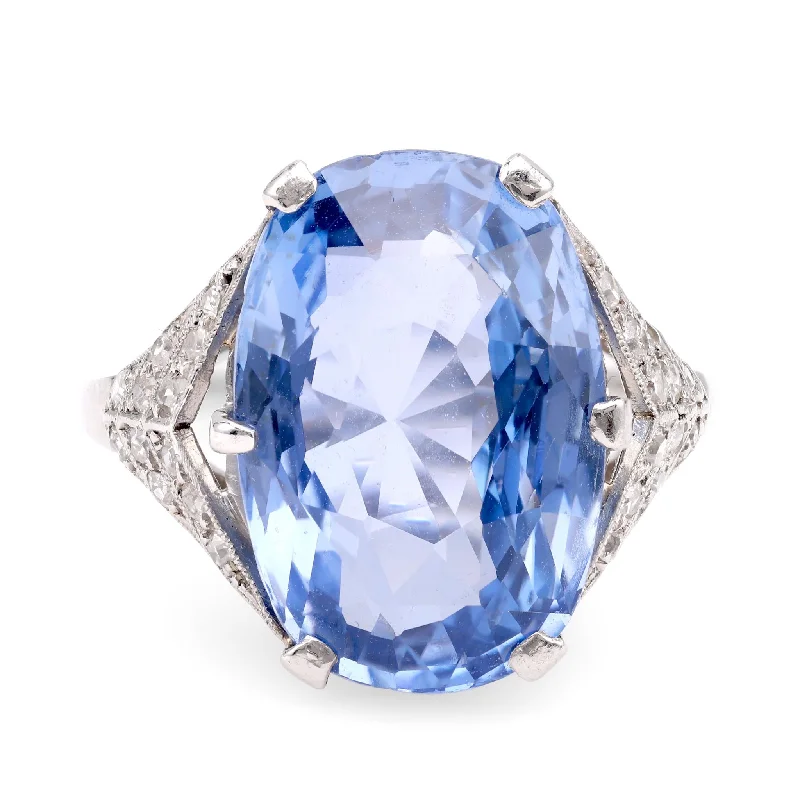 cushion cut engagement ring for women -Mid-Century GIA 11.46 Carat Oval Sapphire Diamond Platinum Cocktail Ring