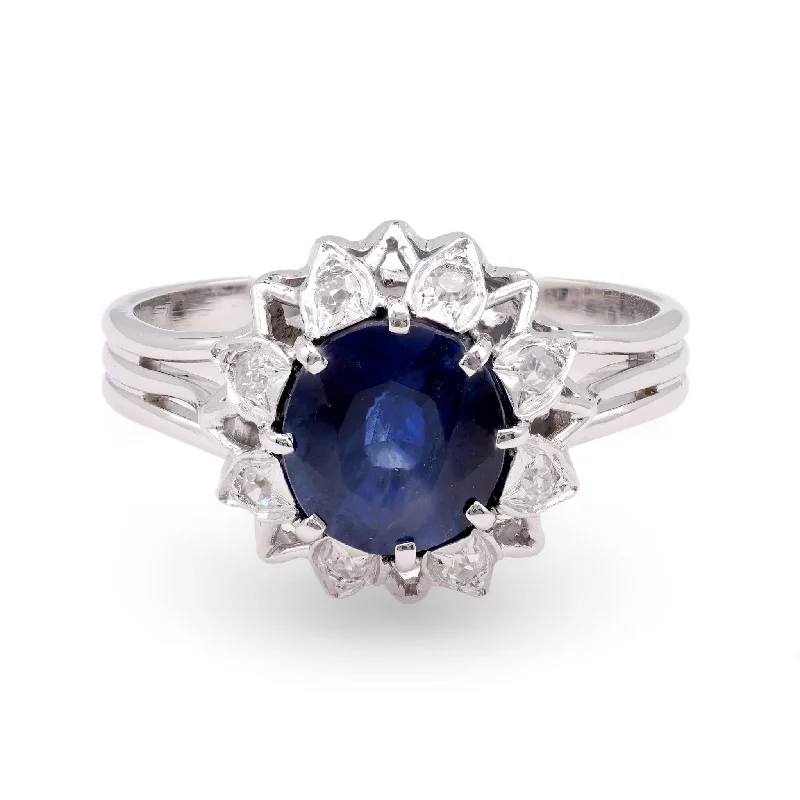 colorful gemstone ring for women -Mid-Century GIA 2.21 Carat Oval Sapphire Diamond 18K White Gold Ring