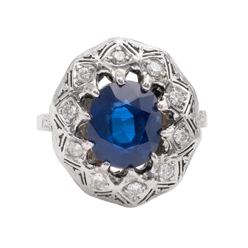 round cut diamond ring for women -Mid-Century GIA Thai Sapphire and Diamond 18k White Gold Filigree Ring