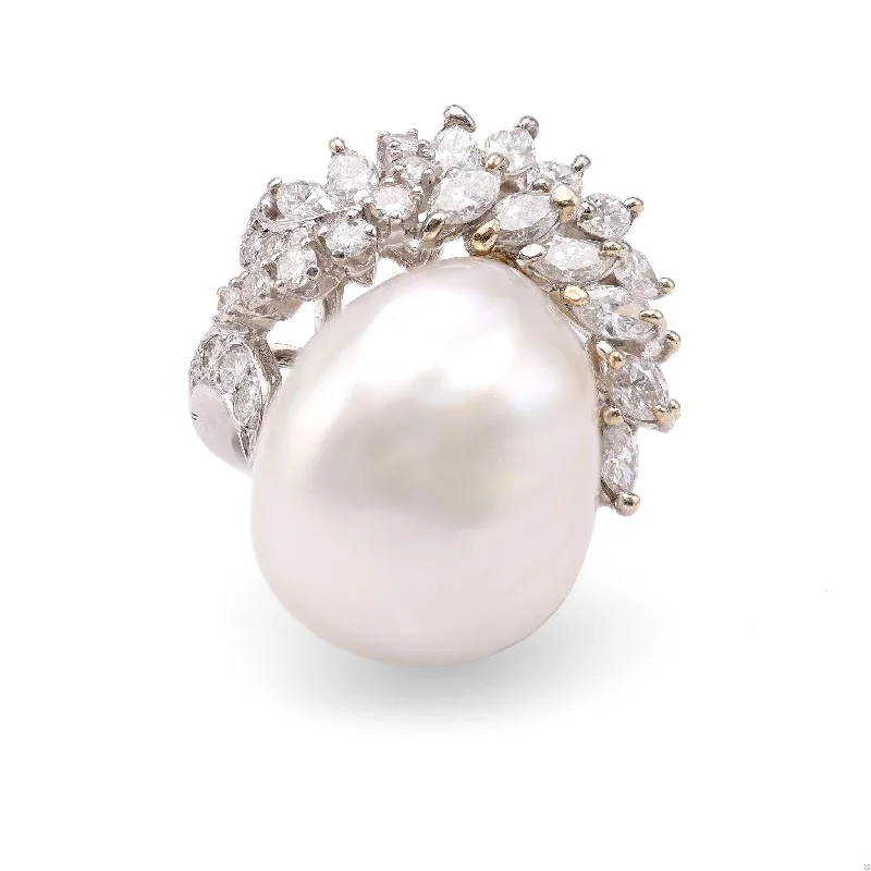 multi-stone ring for women -Mid-Century Pearl Diamond Platinum Cocktail Ring