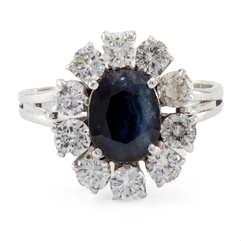 round cut diamond ring for women -Mid-Century Sapphire and Diamond 18k White Gold Cluster Ring