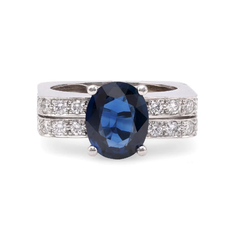 halo engagement ring for women -Mid-Century Sapphire Diamond 18k White Gold Ring