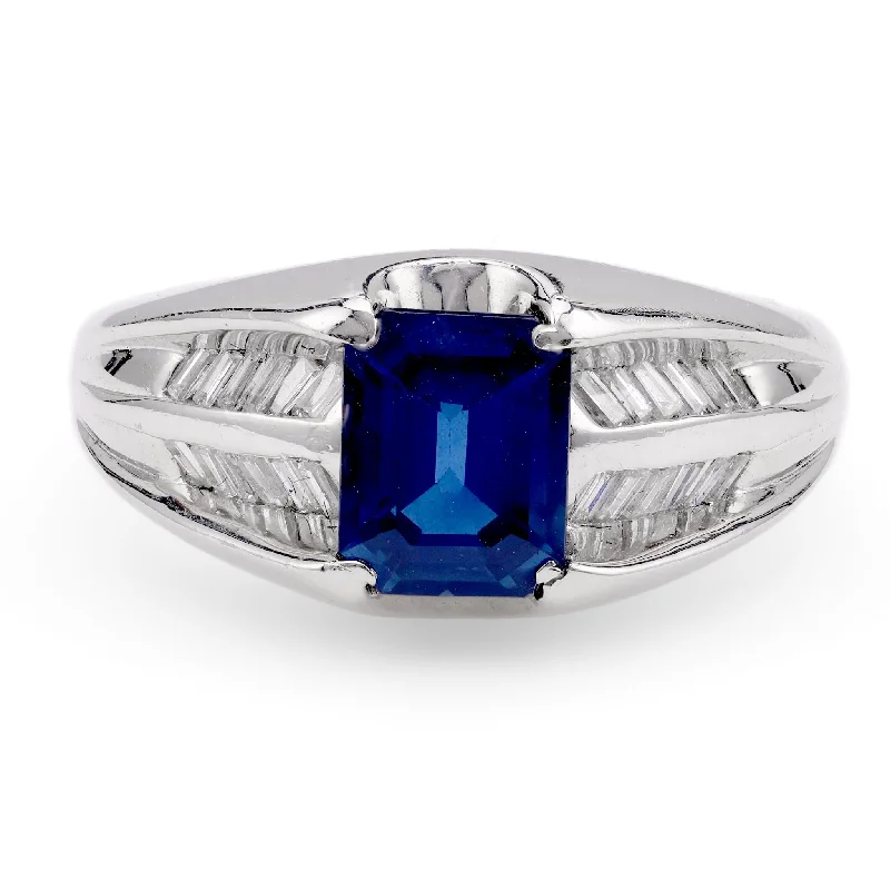 silver engagement ring for women -Modern 1.29 Carat Sapphire Diamond Platinum Ring