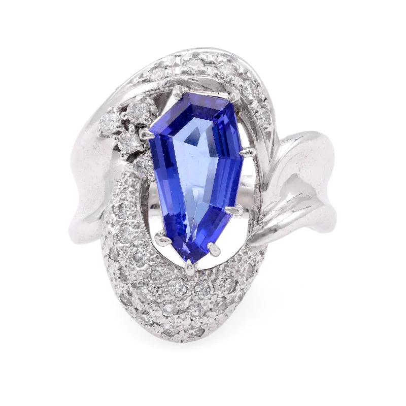 black diamond ring for women -Modern 2.31 Carat Coffin Step Cut Tanzanite Diamond Platinum Cocktail Ring