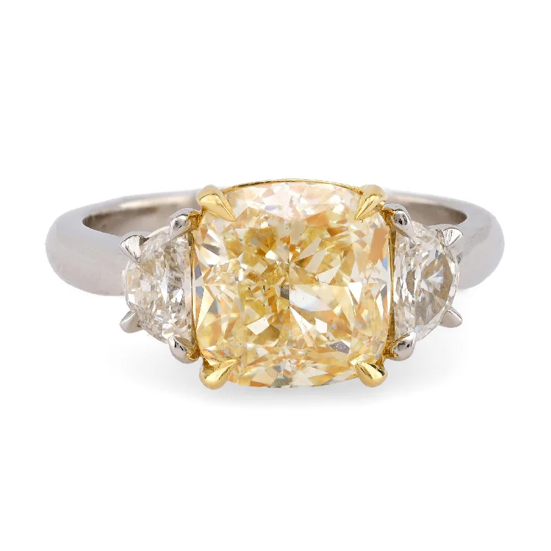 men’s rose gold ring -Modern 3.08 Carat EGL Fancy Yellow Diamond Platinum Three Stone Ring