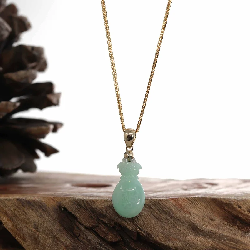 simple silver chain necklace for women -Natural Green Jadeite Jade "Magic Bottle Gourd" Hulu Necklace With 14k Yellow Gold Bail