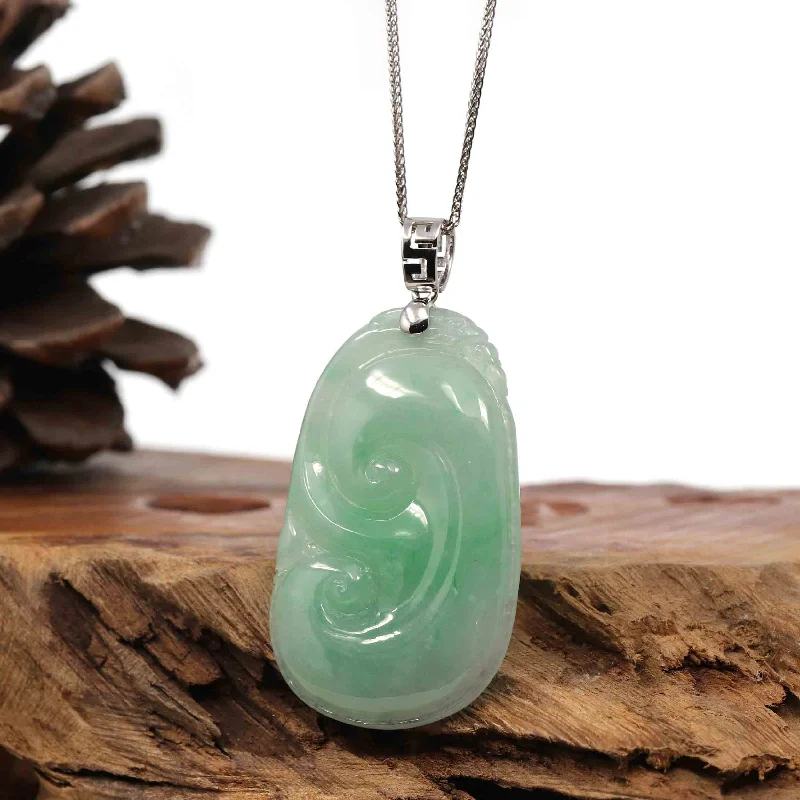 handmade gemstone pendant necklace -Natural Green Jadeite Jade Ru Yi Necklace With 14k White Gold Bail