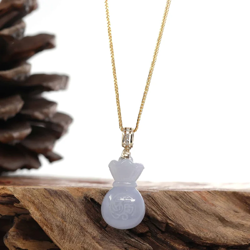 personalized gold pendant necklace -Natural Ice Lavender Jadeite Jade "Lucky Money Sack" Necklace With 14k Yellow Gold Diamond Bail