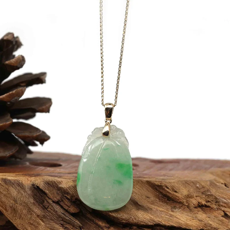 opal pendant necklace for women -Natural Ice Lavender Jadeite Jade Shou Tao ( Longevity Peach ) Necklace With 14k Yellow Gold Bail