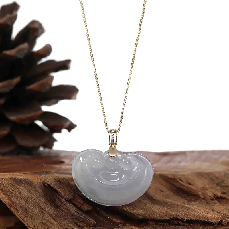 moonstone pendant necklace for women -Natural Ice White Jadeite Jade Ru Yi Necklace With 14k Yellow Gold VS1 Diamond Bail