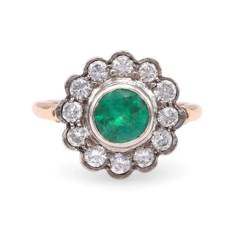 wedding ring with side stones -One Victorian Revival Emerald Diamond 14k Yellow Gold Platinum Cluster Ring.