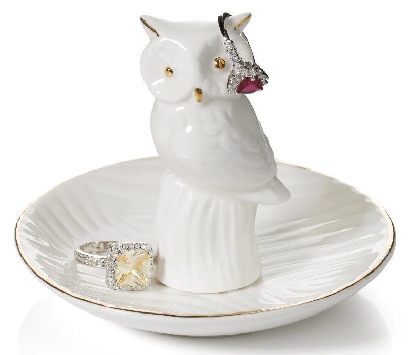 eternity ring for couples -Owl Ring Holder Dish, White with REAL 24K GOLD Plating