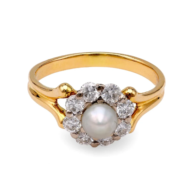 diamond cluster ring for women -Pearl and Diamond Cluster Ring