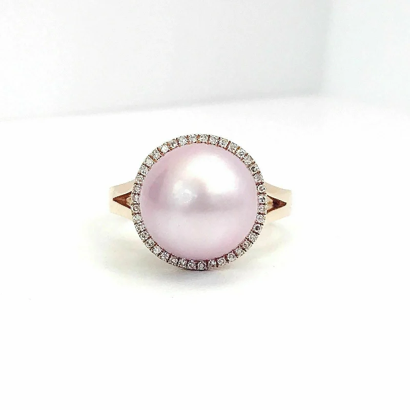 men's ceramic ring -Pink Freshwater Pearl with Diamond Accents Solitaire Ring Size 7 14k Rose Gold