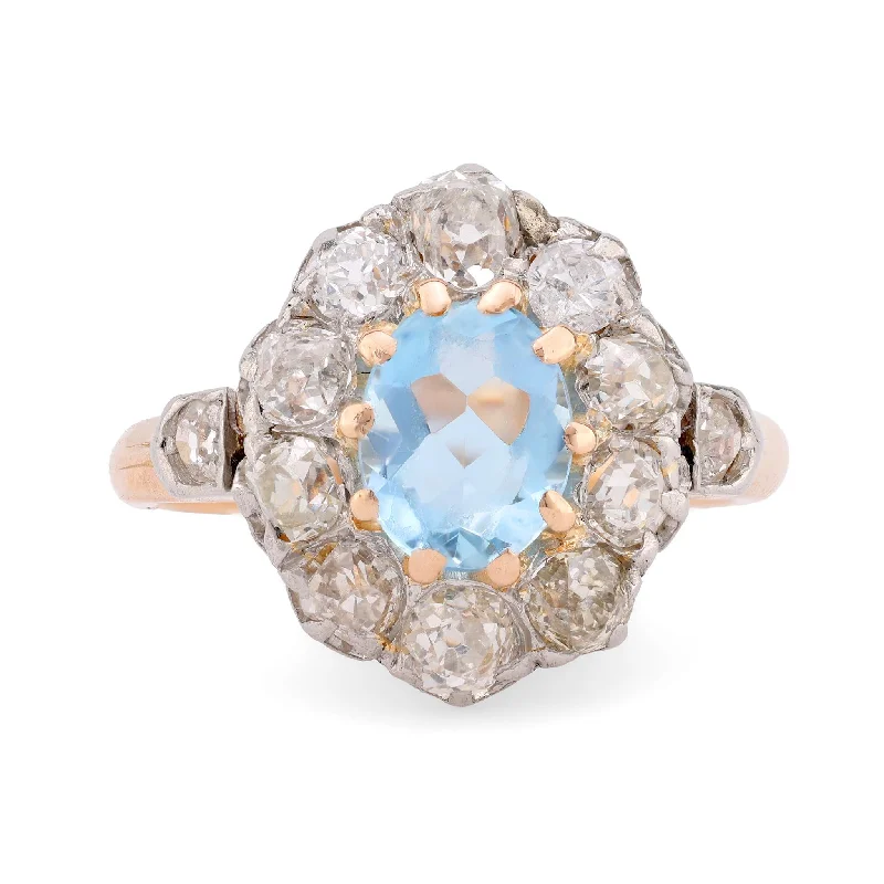 gold signet ring for men -Precious antique aquamarine diamond 18k rose gold and silver cluster ring