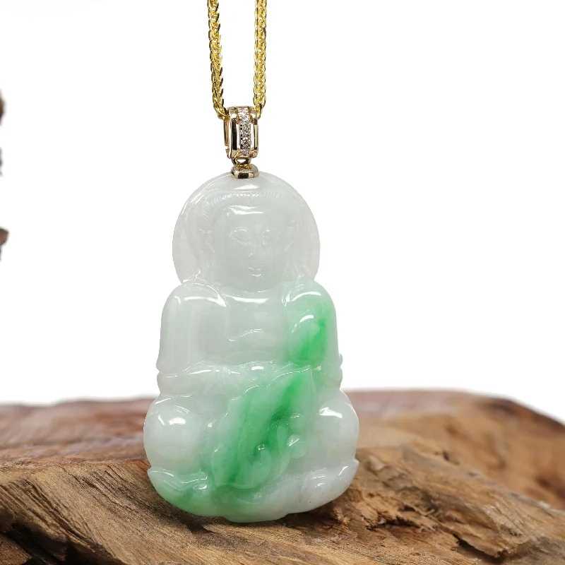 charm necklace for women -RealJade® 14k "Goddess of Compassion" Genuine Burmese Jadeite Jade Guanyin Necklace With Diamond Bail