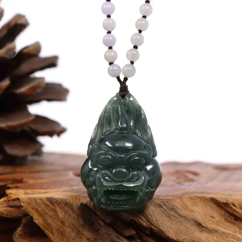 multi-strand necklace for women -RealJade® Co. "Fu Dog" (Guardian Lion) Natural Blue Green Jadeite Jade Necklace Collectibles