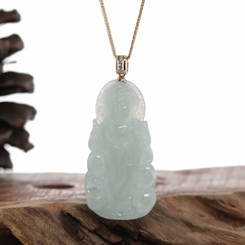 custom engraved necklace for couples -RealJade® 14k Yellow Gold "Goddess of Compassion" Genuine Ice Burmese Jadeite Jade Guanyin Necklace With Gold Bail