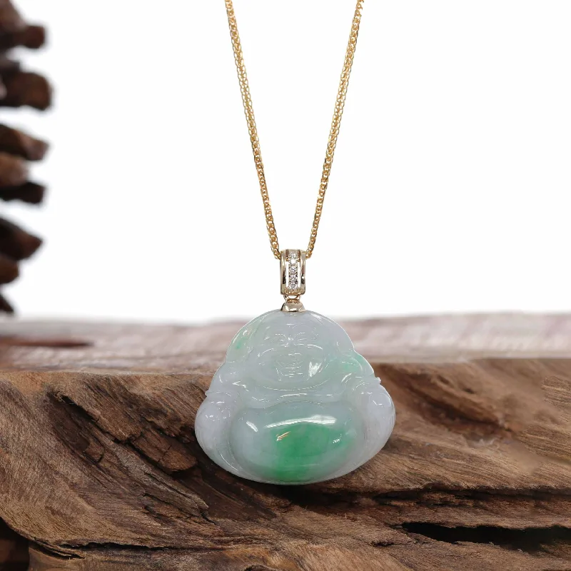 monogram necklace for women -RealJade® "Laughing Buddha" Genuine Green Jadeite Buddha Necklace With 14k Yellow Gold Diamond Bail