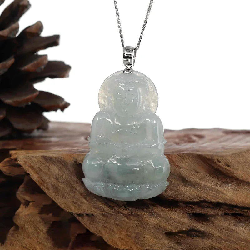 gold heart necklace for women -RealJade® "Goddess of Compassion" Genuine Burmese Ice Blue Jadeite Jade Guanyin Necklace With Good Luck Design 14K Gold  Bail