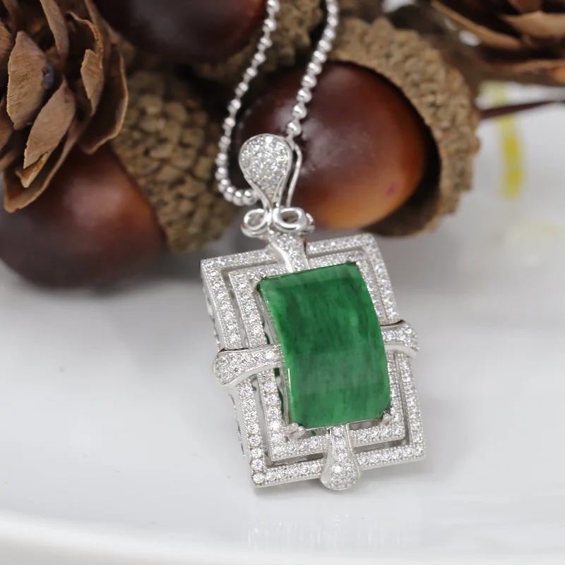 layered name necklace for women -RealJade® "Leah" Sterling Silver Natural Burmese Jadeite Deep Green Necklace with Zircon