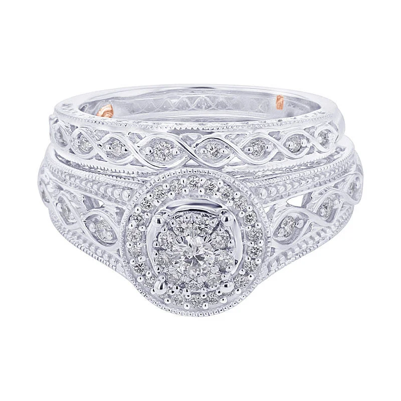 round diamond wedding band for women -Regal Vintage Halo Ready for Love Diamond Bridal Set