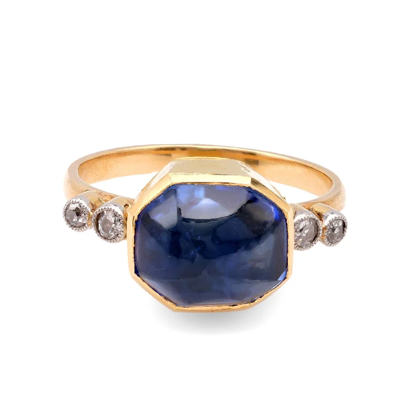 platinum wedding ring for women -Renaissance Revival GIA Sapphire Diamond 18K Yellow Gold Ring