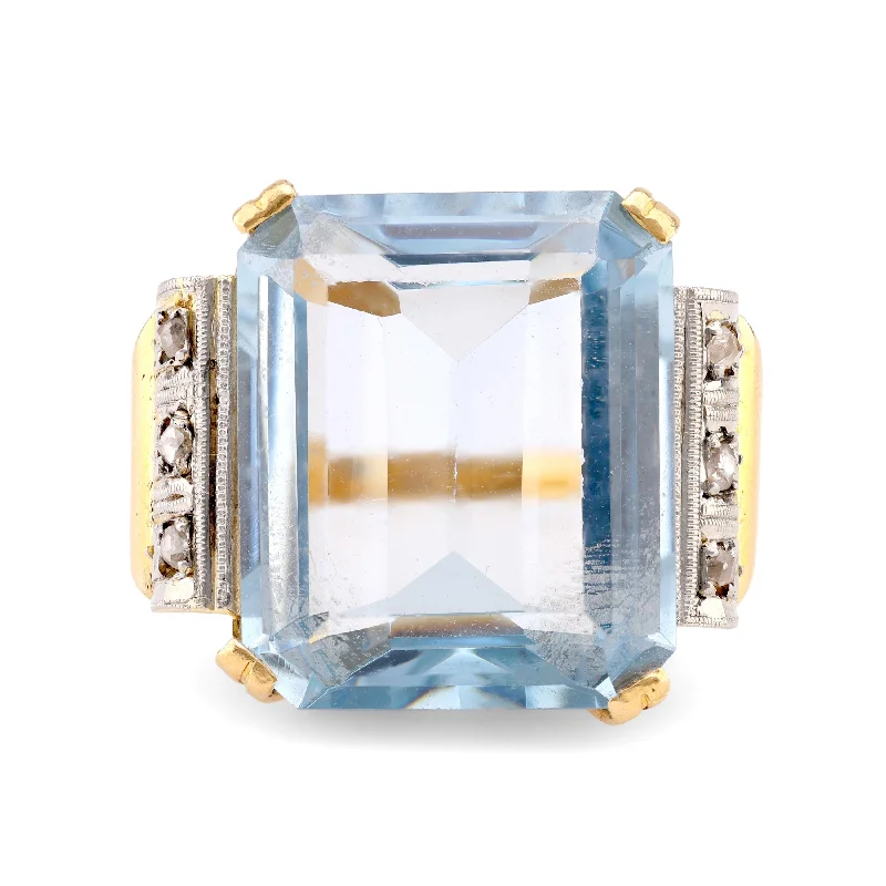 sapphire and diamond ring for women -Retro 10 Carat Aquamarine Diamond 18K Yellow Gold Cocktail Ring