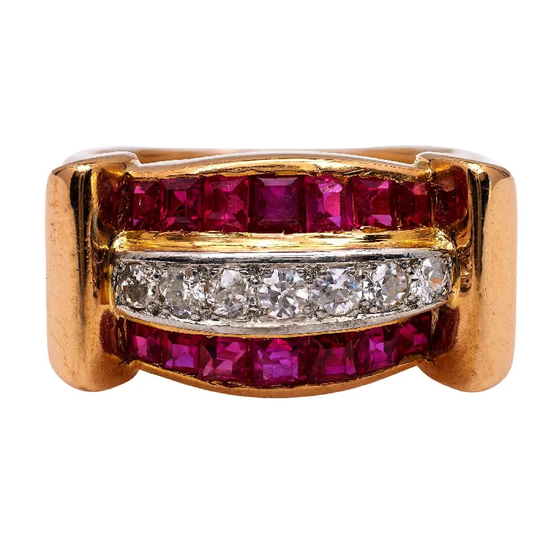 custom gold wedding band -Retro French Diamond and Synthetic Ruby 18k Yellow Gold Tank Ring