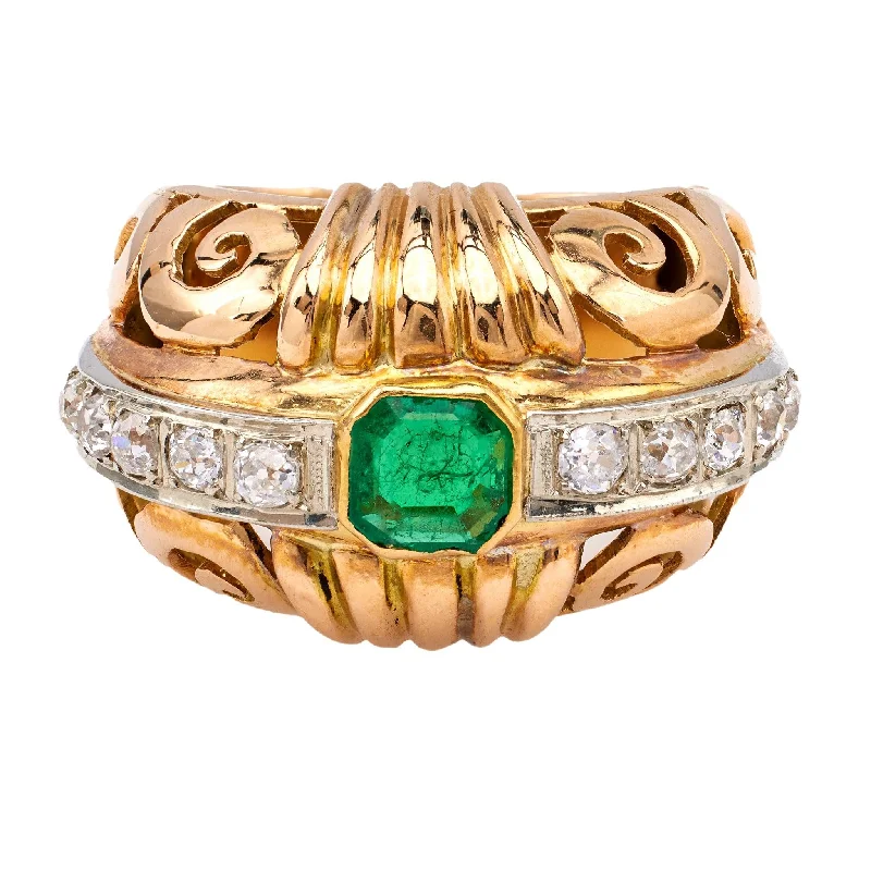 luxury wedding ring for women -Retro French Emerald and Diamond 18k Rose Gold Platinum Dome Ring