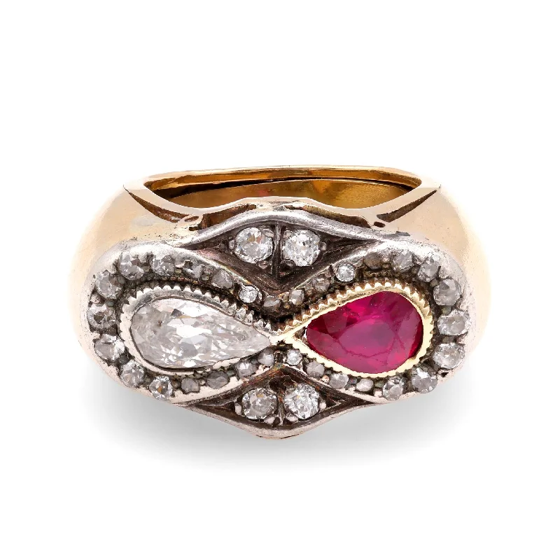 custom infinity wedding ring -Retro French Ruby Diamond 18K Yellow Gold Twin Stone Ring