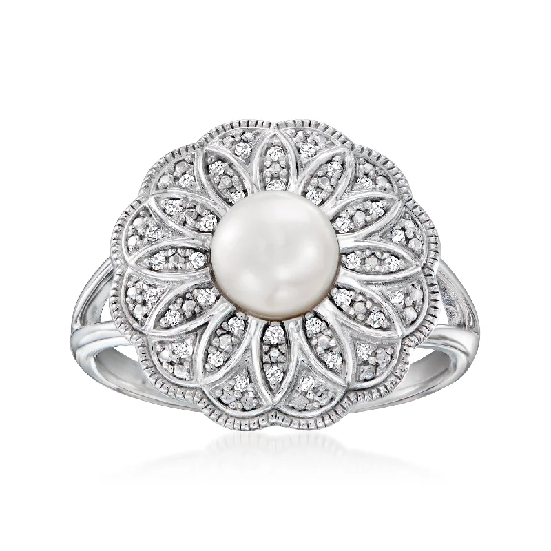 wedding ring with diamond accents -Ross-Simons 6-6.5mm Cultured Pearl and . Diamond Milgrain Ring in Sterling Silver