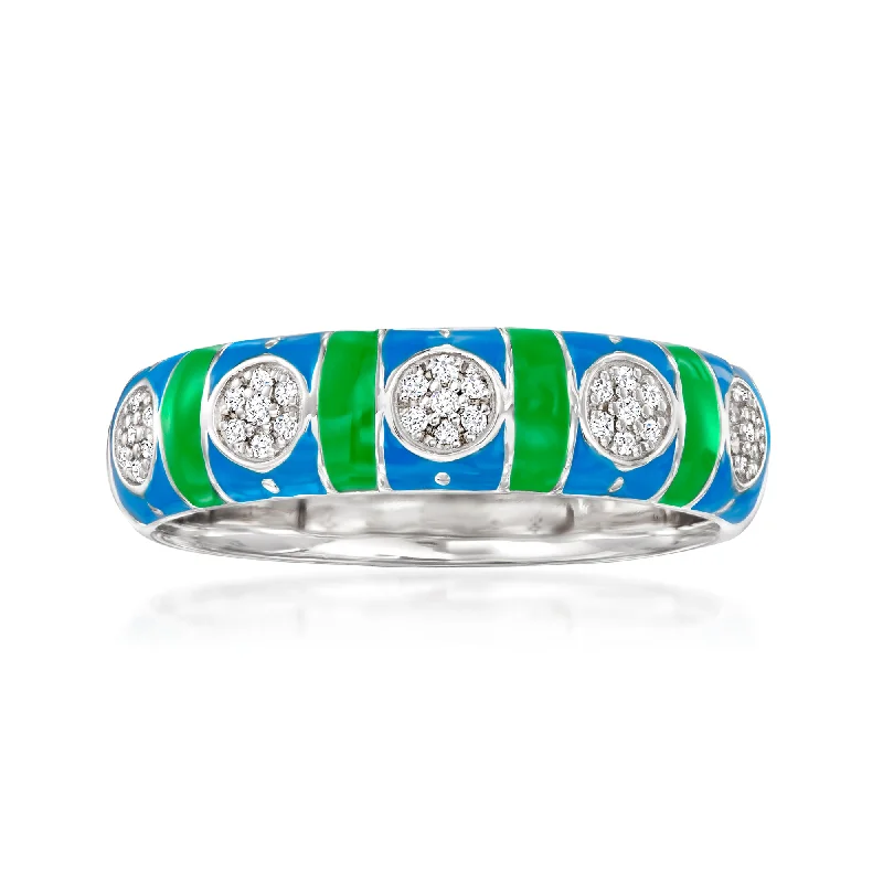 opal wedding ring for women -Ross-Simons Diamond Ring With Blue and Green Enamel in Sterling Silver