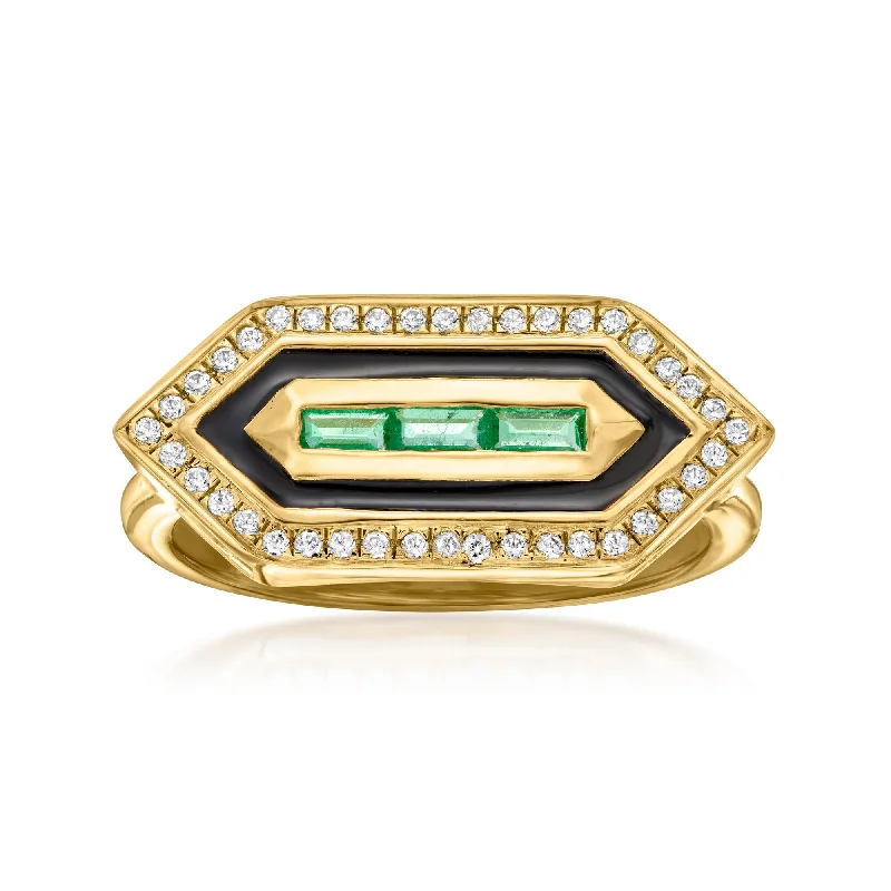 sterling silver engagement ring for women -Ross-Simons Emerald and . White Topaz Art Deco-Style Ring With Black Enamel in 18kt Gold Over Sterling