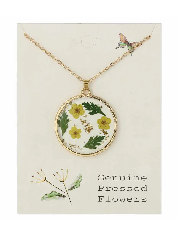 crystal heart necklace for women -Round Pressed Yellow Flowers Necklace