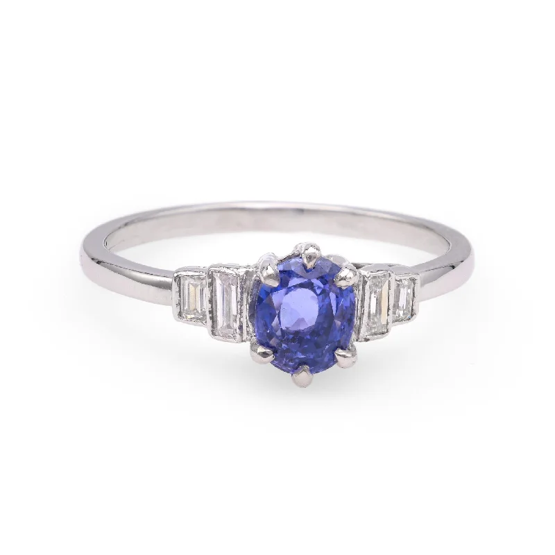 men's wedding ring with engraving -Sapphire Diamond White Gold Ring