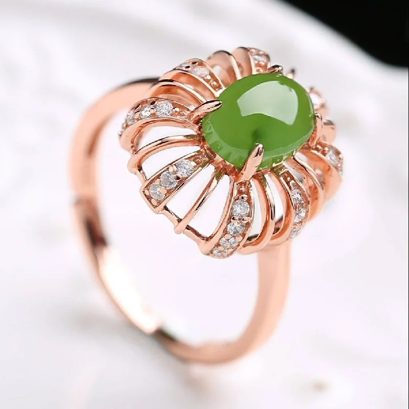 silver wedding band for men -Sterling Silver Rose Gold Plated Genuine Green Nephrite Jade Ring