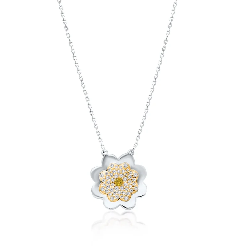 statement pendant necklace for women -Two Tone Yellow and White Diamond Flower Necklace