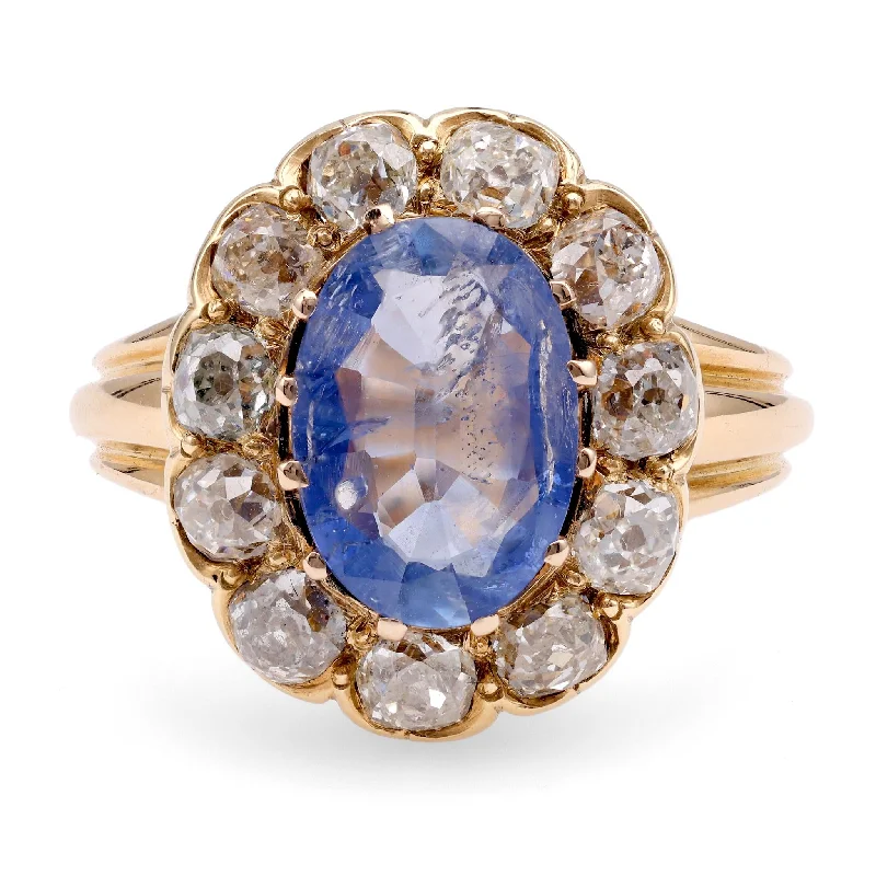 unique engagement ring for women -Victorian 2 Carat Sapphire Diamond 18K Yellow Gold Cluster Ring