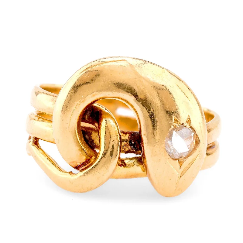 wide band ring for women -Victorian French Diamond 18K Yellow Gold Snake Ring