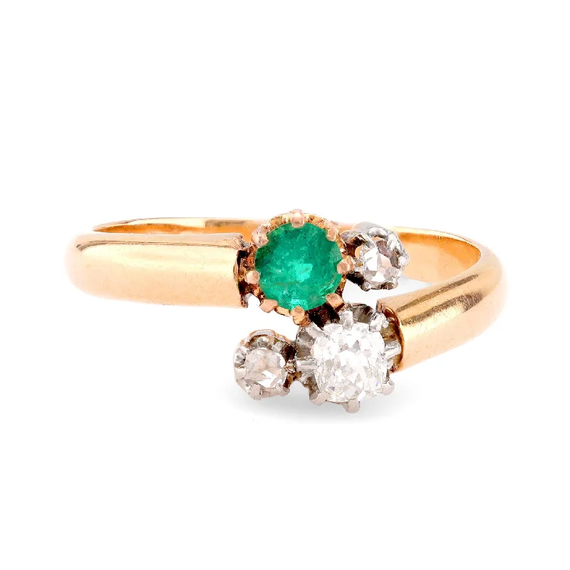 unique engagement ring for women -Victorian French Emerald Diamond 18K Rose Gold Toi Et Moi Ring