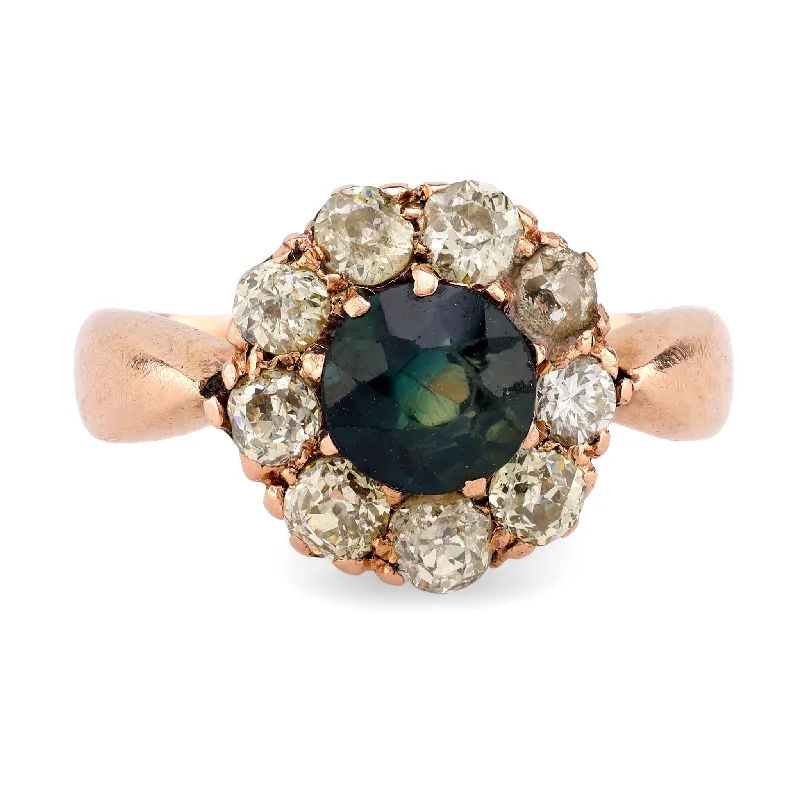 anniversary ring for women -Victorian Sapphire Diamond 18K Rose Gold Cluster Ring