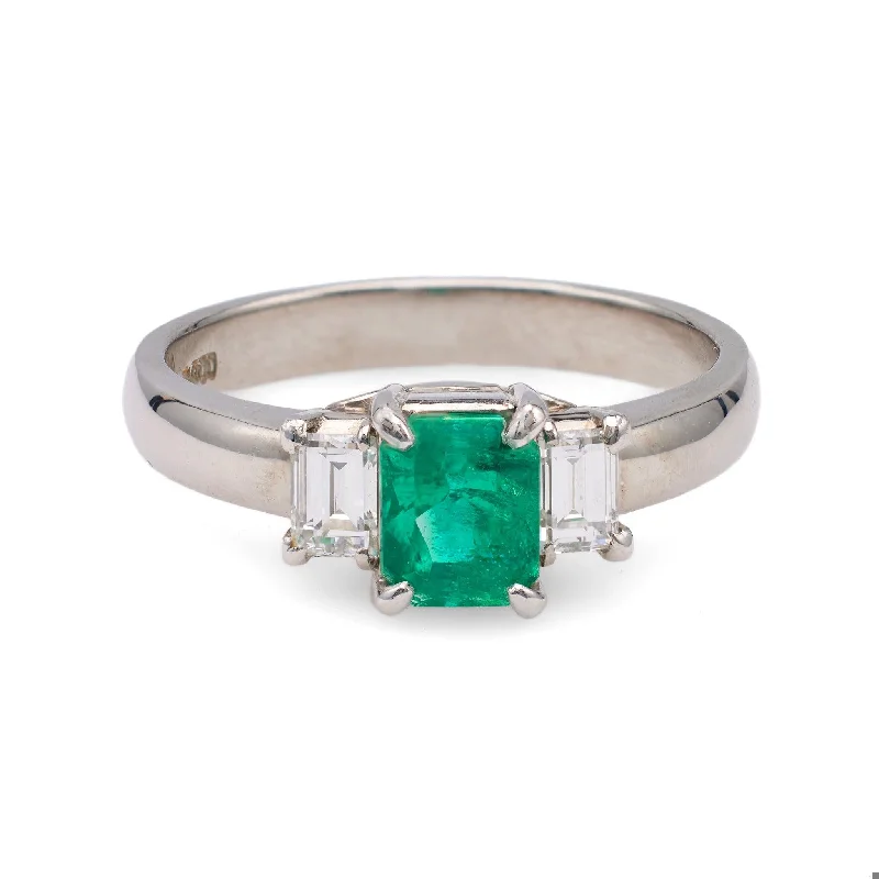 unique engagement ring for women -Vintage 0.69 Carat Emerald and Diamond Platinum Three Stone Ring