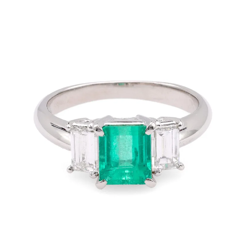 silver wedding band for men -Vintage 1.30 Carat Emerald Diamond Platinum Three Stone Ring