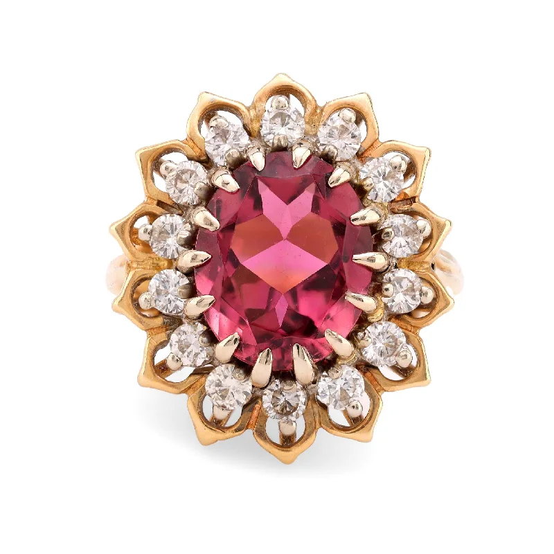 gold wedding ring for women -Vintage 3.30 carat pink tourmaline diamond 14k yellow gold cluster ring