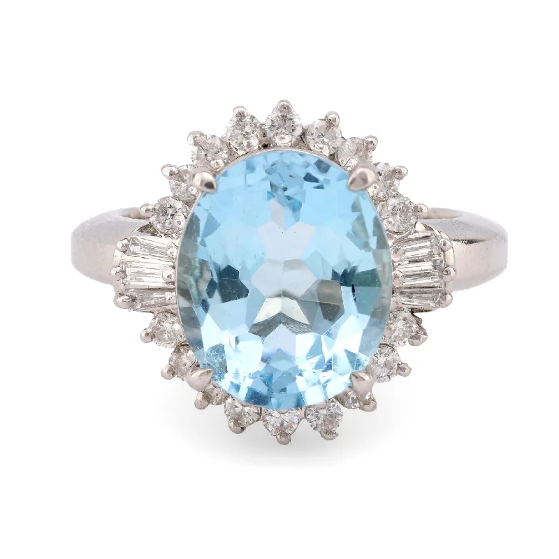 custom designed engagement ring -Vintage 4.24 Carat Aquamarine Diamond Platinum Cocktail Ring